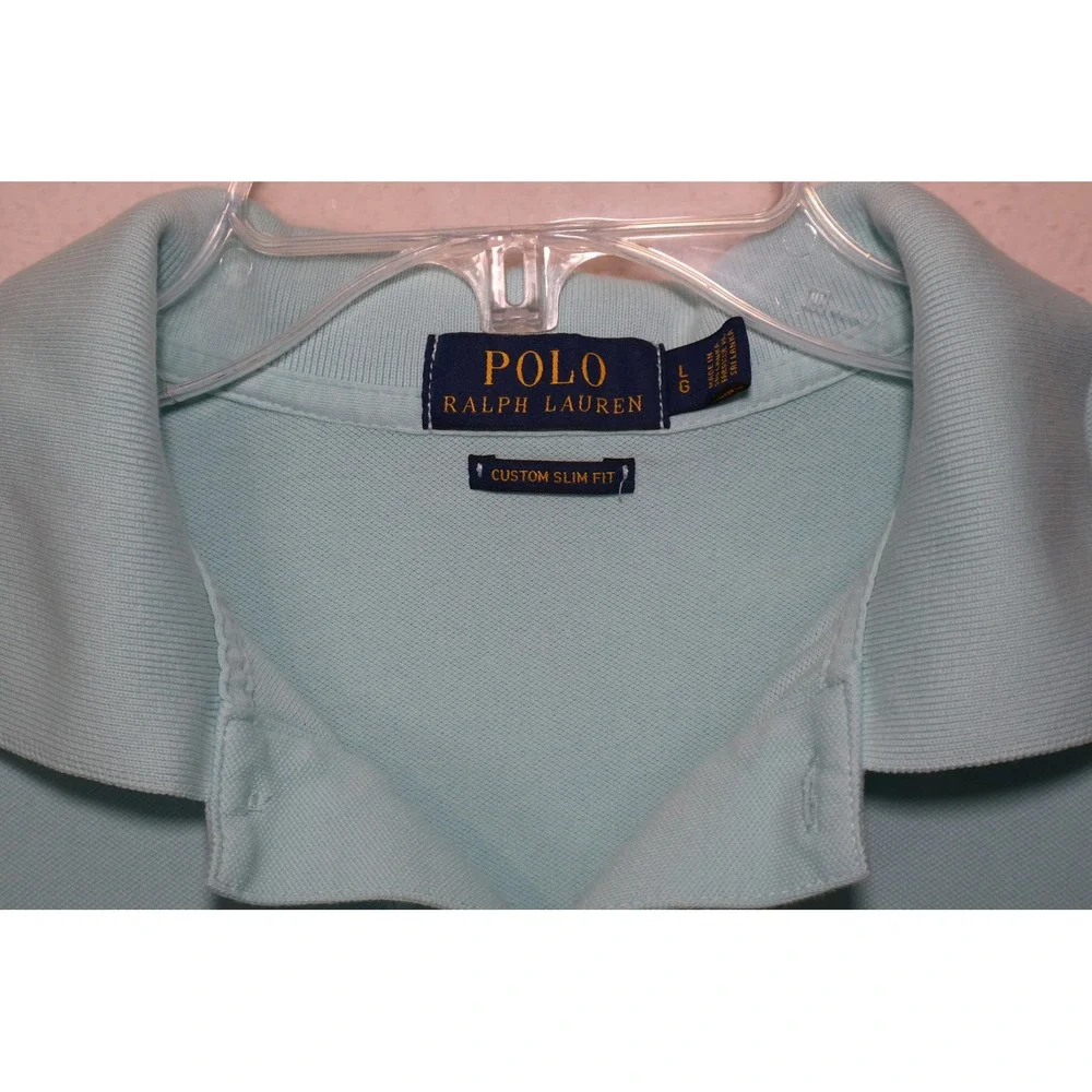 Polo Ralph Lauren Mens‎ Custom Slim Fit Cotton Mesh Polo Shirt Light Blue Large